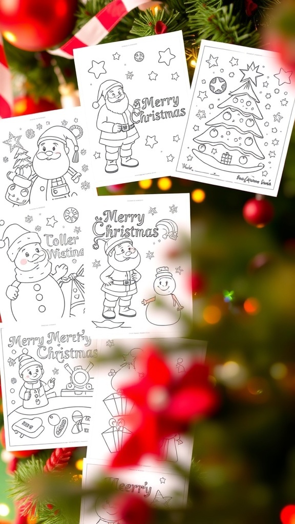 A selection of Christmas coloring pages for children, including Santa, a tree, and a snowman.